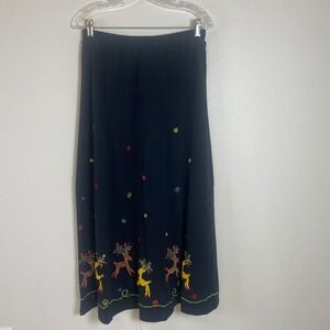 Michael Simon Women's Black Maxi Skirt Embroidered Reindeer Christmas Size L
